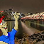 Image of Calgary downtown with man holding a wrench