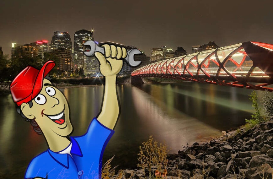 Image of Calgary downtown with man holding a wrench