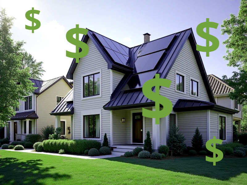 Image of a home with solar panels and dollar signs